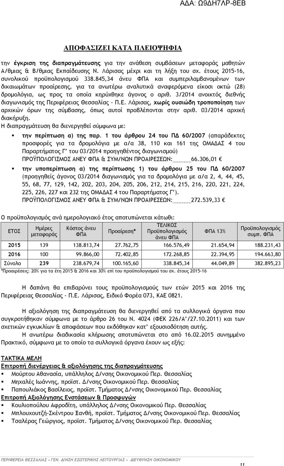 845,34 άνευ ΦΠΑ και συμπεριλαμβανομένων των δικαιωμάτων προαίρεσης, για τα ανωτέρω αναλυτικά αναφερόμενα είκοσι οκτώ (28) δρομολόγια, ως προς τα οποία κηρύχθηκε άγονος ο αριθ.