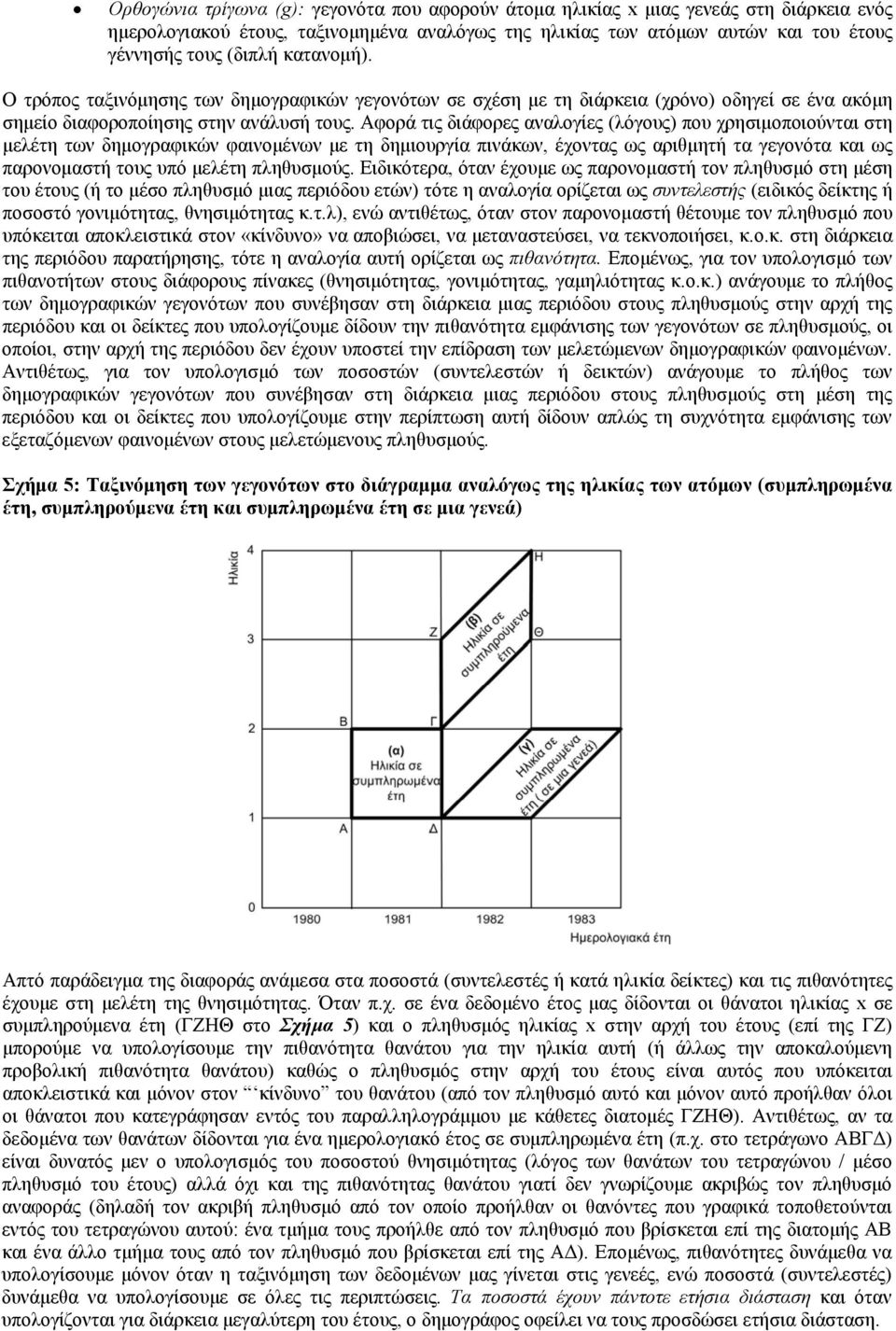 Αφορά τις διάφορες αναλογίες (λόγους) που χρησιμοποιούνται στη μελέτη των δημογραφικών φαινομένων με τη δημιουργία πινάκων, έχοντας ως αριθμητή τα γεγονότα και ως παρονομαστή τους υπό μελέτη