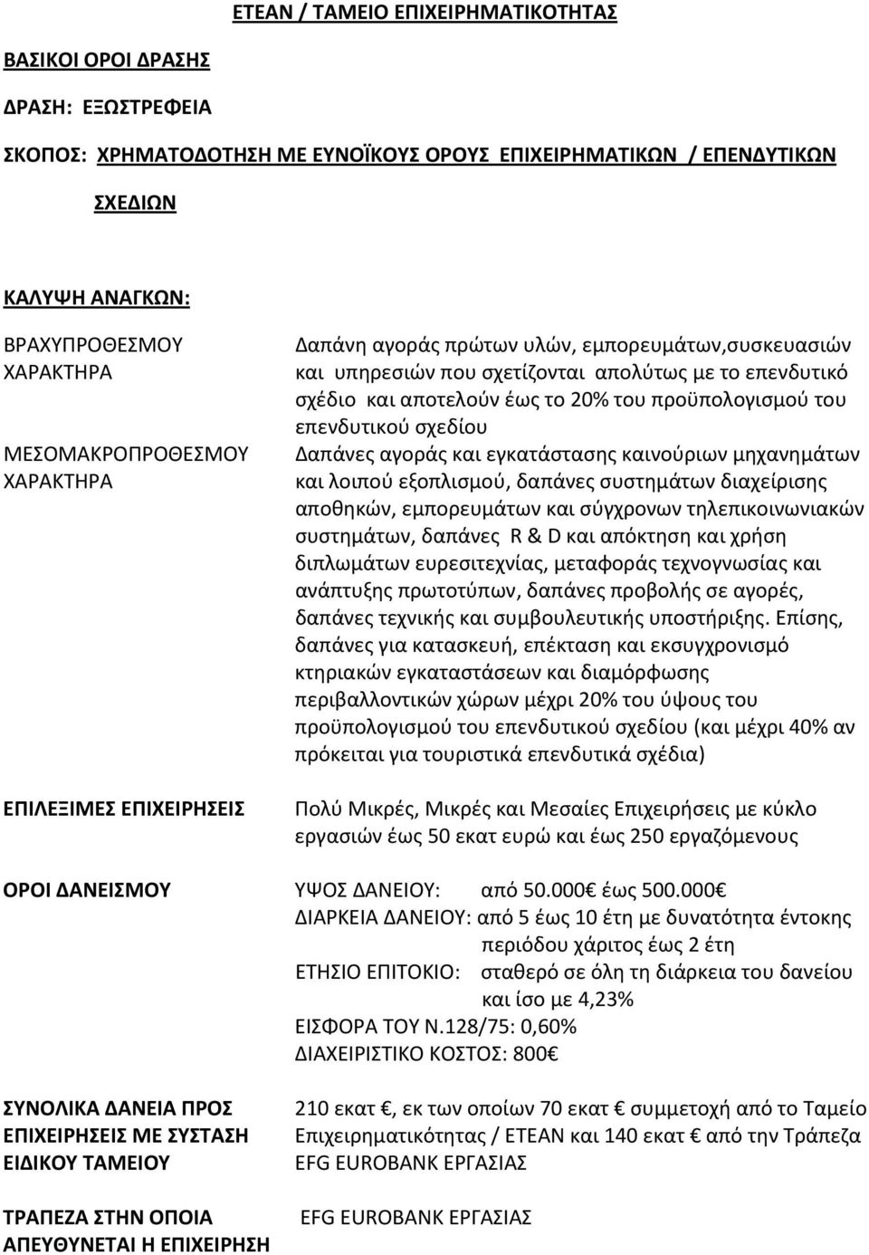 εγκατάστασης καινούριων μηχανημάτων και λοιπού εξοπλισμού, δαπάνες συστημάτων διαχείρισης αποθηκών, εμπορευμάτων και σύγχρονων τηλεπικοινωνιακών συστημάτων, δαπάνες R & D και απόκτηση και χρήση