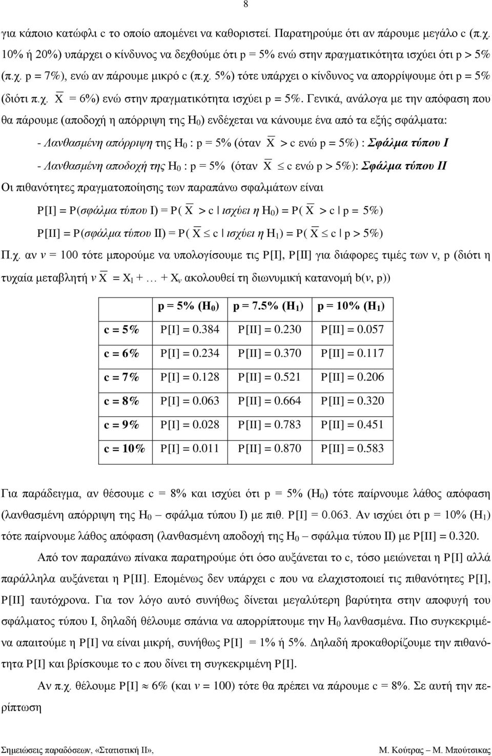 θάιαηα: - Λαλαέλε απόξξηςε ηεο Η : = 5% φηαλ > ελψ = 5% : Σθάια ηύποσ Ι - Λαλαέλε απνδνρή ηεο Η : = 5% φηαλ ελψ > 5%: Σθάια ηύποσ ΙΙ Οη πηαλφηεηεο πξαγαηνπνίεεο ησλ παξαπάλσ θαιάησλ είλαη [I] = θάια