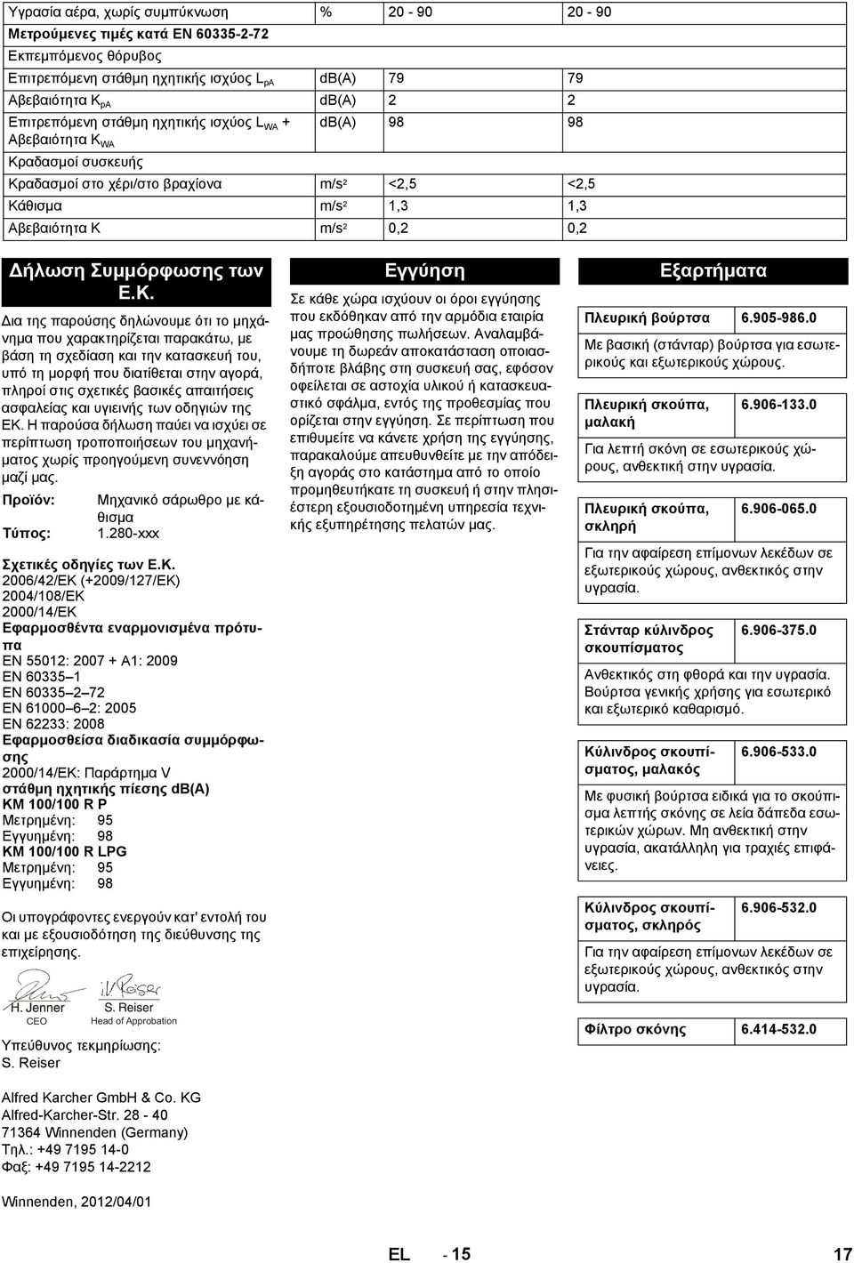 Ε.Κ. Δια της παρούσης δηλώνουμε ότι το μηχάνημα που χαρακτηρίζεται παρακάτω, με βάση τη σχεδίαση και την κατασκευή του, υπό τη μορφή που διατίθεται στην αγορά, πληροί στις σχετικές βασικές απαιτήσεις