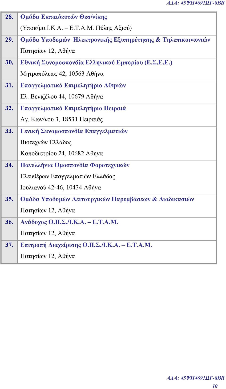 Κων/νου 3, 18531 Πειραιάς 33. Γενική Συνομοσπονδία Επαγγελματιών Βιοτεχνών Ελλάδος Καποδιστρίου 24, 10682 Αθήνα 34.