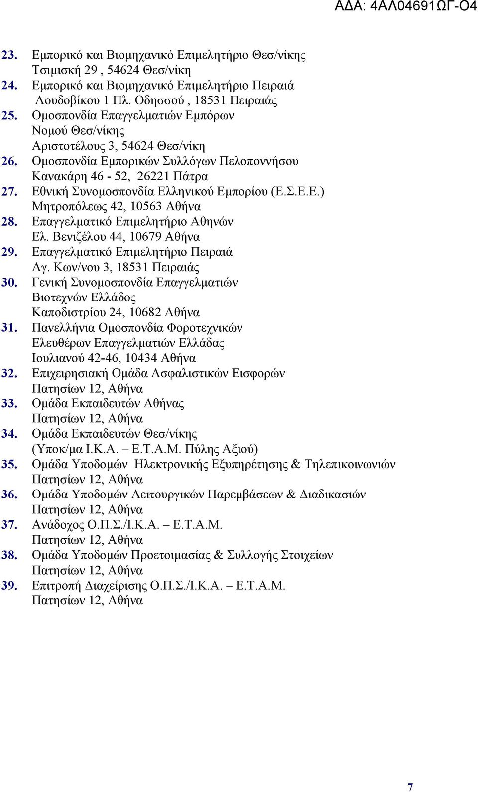 Εθνική Συνομοσπονδία Ελληνικού Εμπορίου (Ε.Σ.Ε.Ε.) Μητροπόλεως 42, 10563 Αθήνα 28. Επαγγελματικό Επιμελητήριο Αθηνών Ελ. Βενιζέλου 44, 10679 Αθήνα 29. Επαγγελματικό Επιμελητήριο Πειραιά Αγ.
