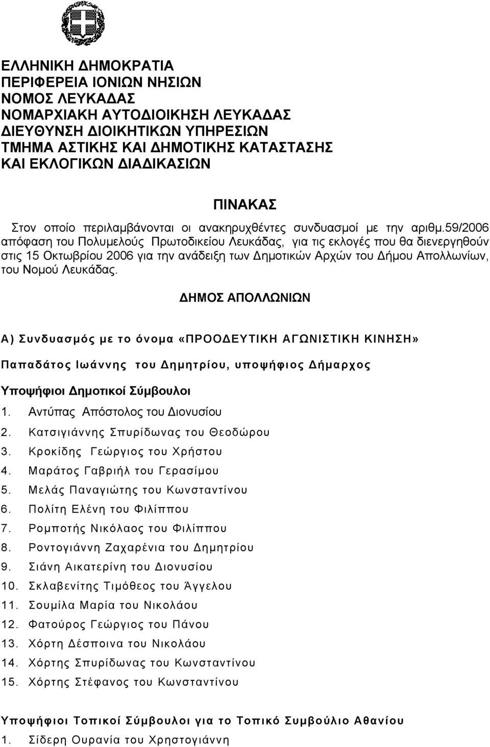 59/2006 απόφαση του Πολυµελούς Πρωτοδικείου Λευκάδας, για τις εκλογές που θα διενεργηθούν στις 15 Οκτωβρίου 2006 για την ανάδειξη των ηµοτικών Αρχών του ήµου Απολλωνίων, του Νοµού Λευκάδας.