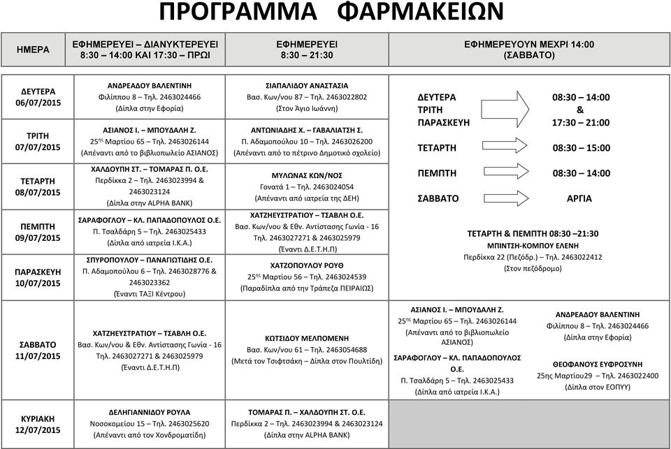(Παραδίπλα από την Τράπεζα ΠΕΙΡΑΙΩΣ) & 08:30 21:30 11/07/2015 ΚΩΤΣΙΔΟΥ ΜΕΛΠΟΜΕΝΗ Βασ. Κων/νου 61 Τηλ.