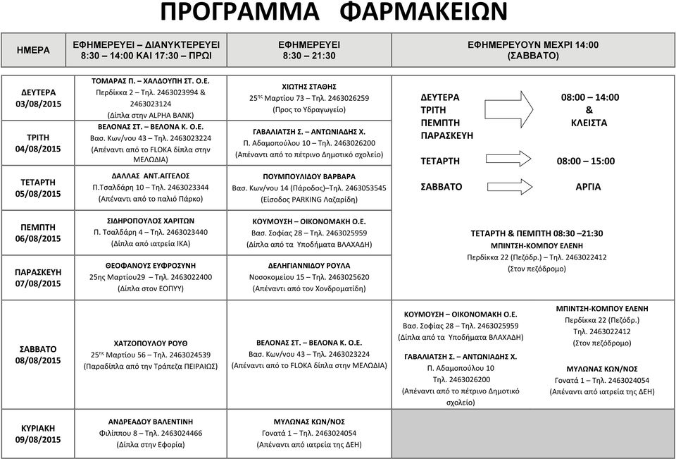 Τσαλδάρη 4 Τηλ. 2463023440 (Δίπλα από ιατρεία ΙΚΑ) ΘΕΟΦΑΝΟΥΣ ΕΥΦΡΟΣΥΝΗ 25ης Μαρτίου29 Τηλ. 2463022400 (Δίπλα στον ΕΟΠΥΥ) ΚΟΥΜΟΥΣΗ ΟΙΚΟΝΟΜΑΚΗ Ο.Ε. (Δίπλα από τα Υποδήματα ΒΛΑΧΑΔΗ) & 08:30 21:30 08/08/2015 (Παραδίπλα από την Τράπεζα ΠΕΙΡΑΙΩΣ) ΒΕΛΟΝΑΣ ΣΤ.