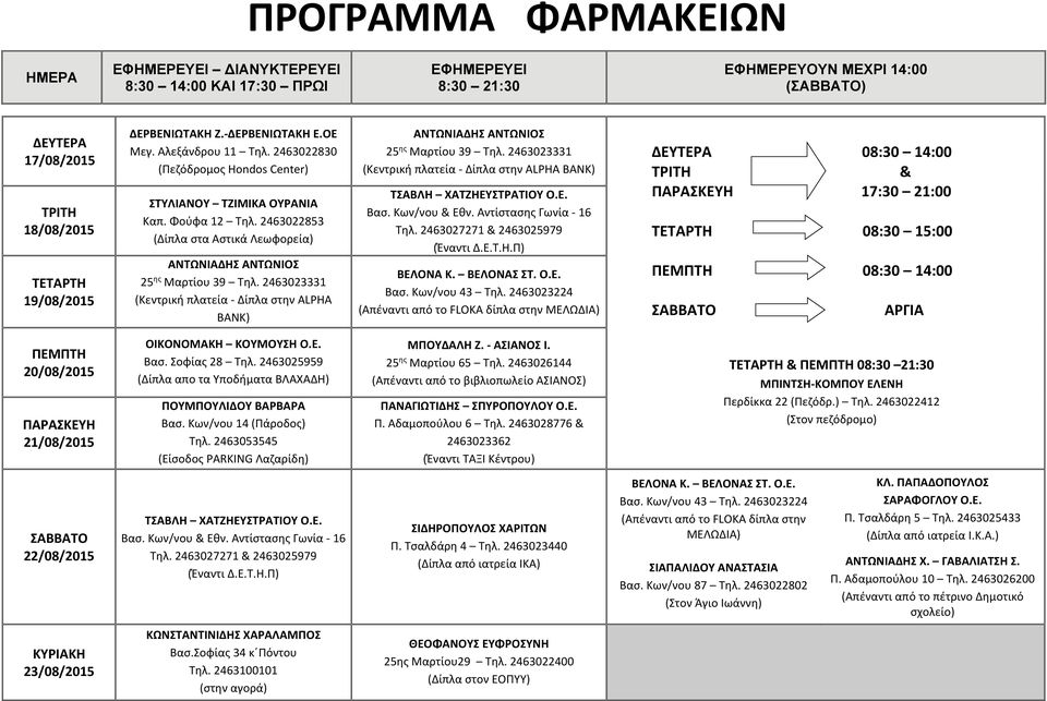 ΑΣΙΑΝΟΣ Ι. ΠΑΝΑΓΙΩΤΙΔΗΣ ΣΠΥΡΟΠΟΥΛΟΥ O.E. & 08:30 21:30 22/08/2015 ΣΙΔΗΡΟΠΟΥΛΟΣ ΧΑΡΙΤΩΝ Π. Τσαλδάρη 4 Τηλ.