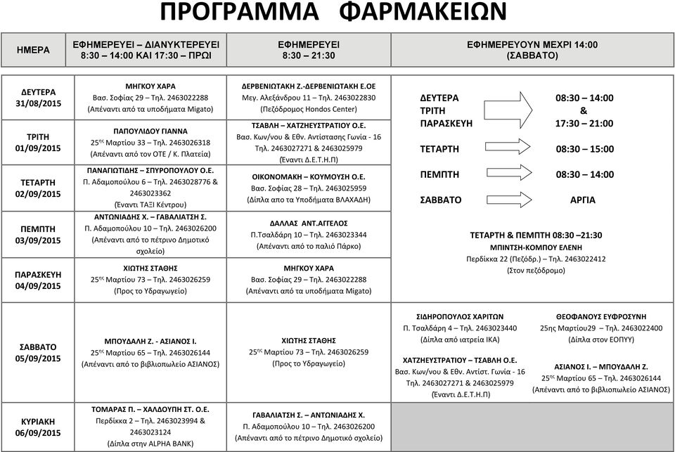 2463026259 (Προς το Υδραγωγείο) & 08:30 21:30 05/09/2015 ΜΠΟΥΔΑΛΗ Ζ. ΑΣΙΑΝΟΣ Ι. ΧΙΩΤΗΣ ΣΤΑΘΗΣ 25 ης Μαρτίου 73 Τηλ.