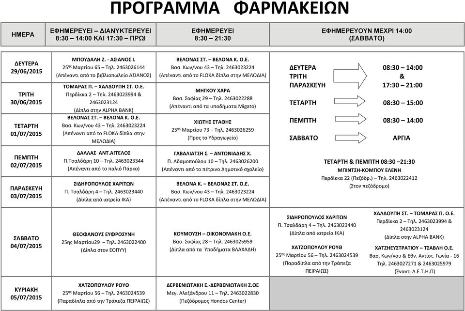 ΒΕΛΟΝΑΣ ΣΤ. Ο.Ε. & 08:30 21:30 04/07/2015 ΘΕΟΦΑΝΟΥΣ ΕΥΦΡΟΣΥΝΗ 25ης Μαρτίου29 Τηλ. 2463022400 (Δίπλα στον ΕΟΠΥΥ) ΚΟΥΜΟΥΣΗ ΟΙΚΟΝΟΜΑΚΗ Ο.Ε. (Δίπλα από τα Υποδήματα ΒΛΑΧΑΔΗ) ΣΙΔΗΡΟΠΟΥΛΟΣ ΧΑΡΙΤΩΝ Π.