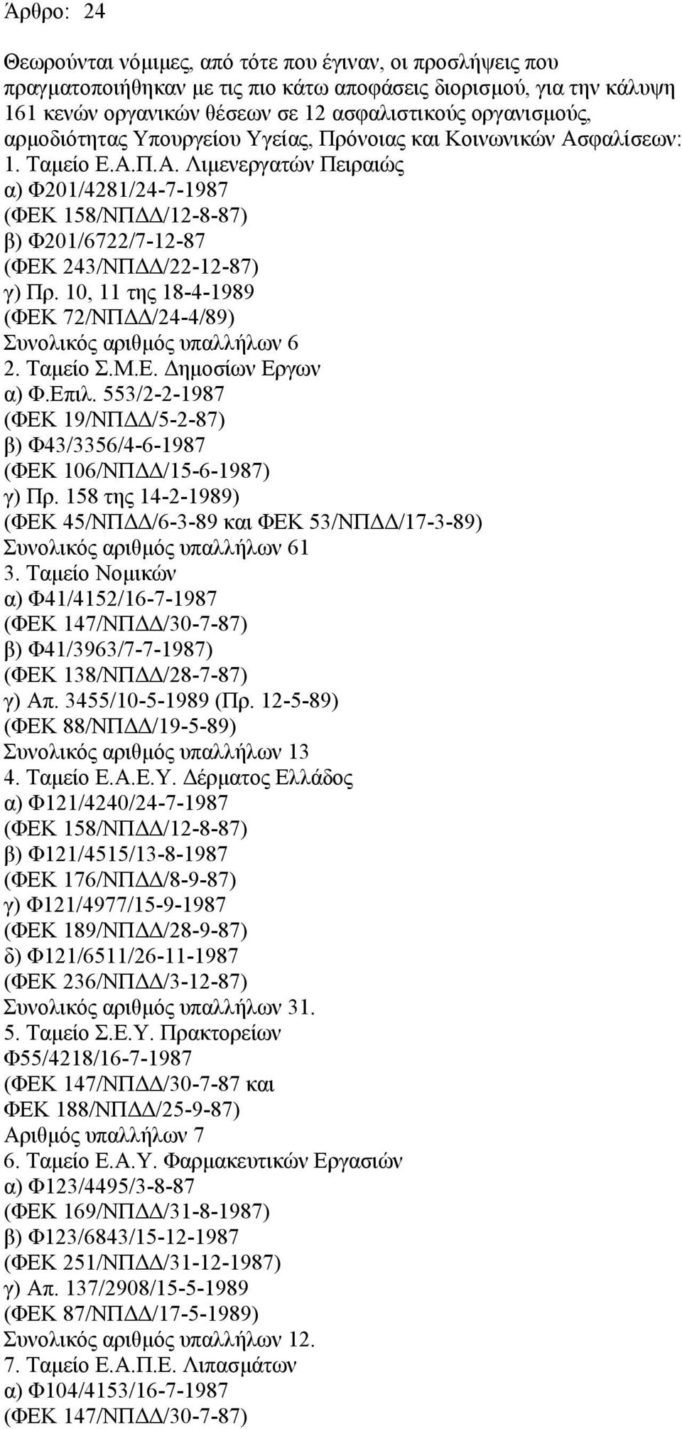 10, 11 της 18-4-1989 (ΦΕΚ 72/ΝΠ /24-4/89) Συνολικός αριθµός υπαλλήλων 6 2. Ταµείο Σ.Μ.Ε. ηµοσίων Εργων α) Φ.Επιλ. 553/2-2-1987 (ΦΕΚ 19/ΝΠ /5-2-87) β) Φ43/3356/4-6-1987 (ΦΕΚ 106/ΝΠ /15-6-1987) γ) Πρ.