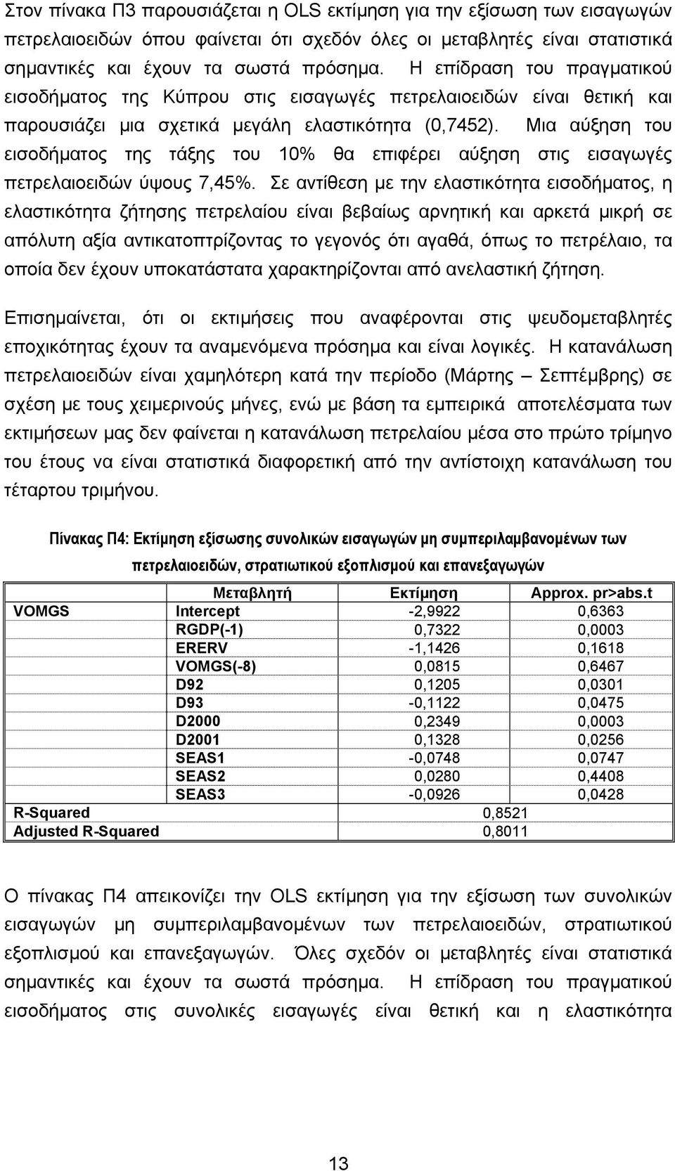 Μια αύξηση του εισοδήµατος της τάξης του 10% θα επιφέρει αύξηση στις εισαγωγές πετρελαιοειδών ύψους 7,45%.