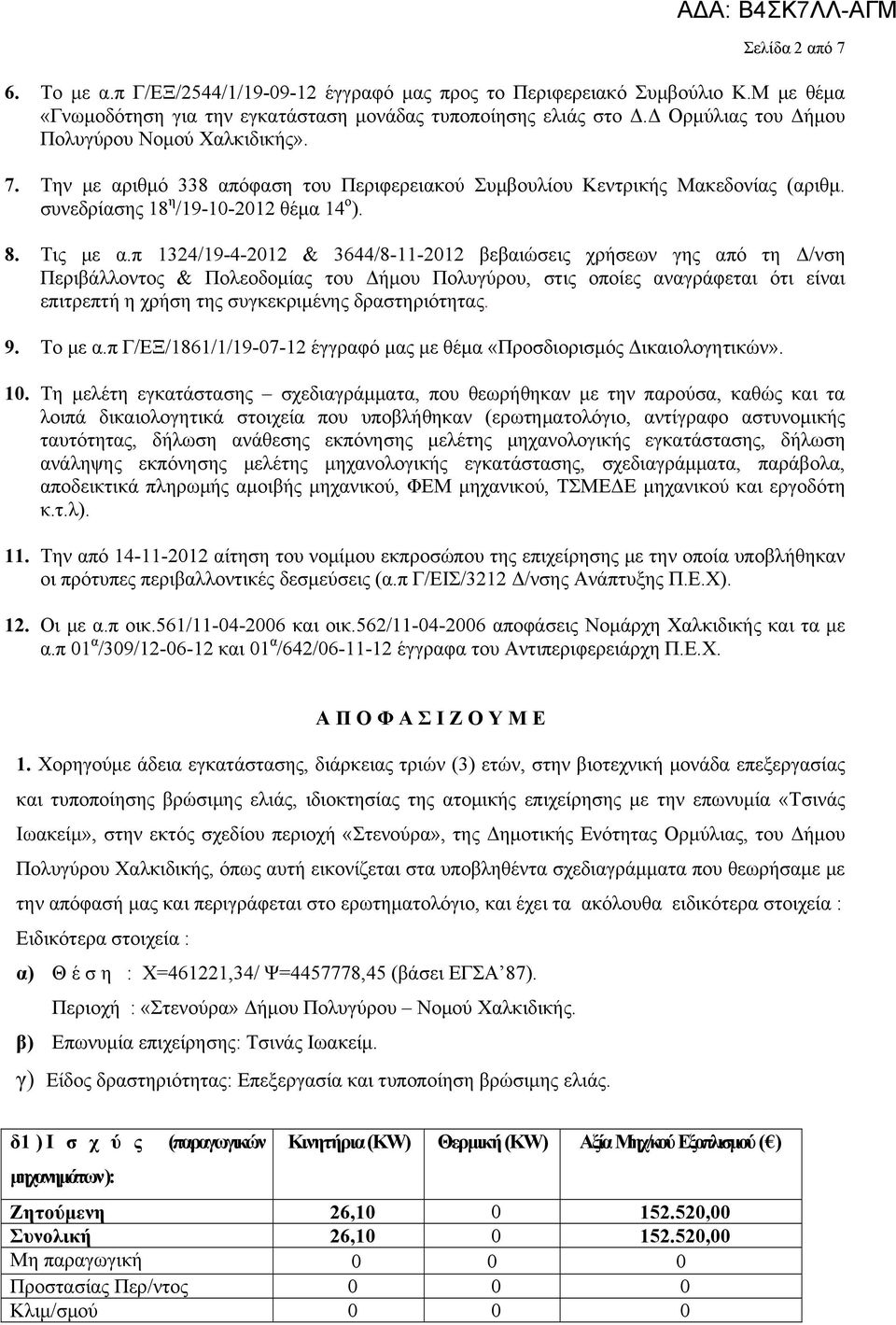 π 1324/19-4-2012 & 3644/8-11-2012 βεβαιώσεις χρήσεων γης από τη Δ/νση Περιβάλλοντος & Πολεοδομίας του Δήμου Πολυγύρου, στις οποίες αναγράφεται ότι είναι επιτρεπτή η χρήση της συγκεκριμένης