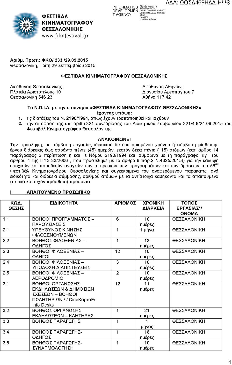 42 Το Ν.Π.Ι.Δ. µε την επωνυµία «ΦEΣTIBAΛ KINHMATOΓPAΦOY ΘEΣΣAΛONIKHΣ» έχοντας υπόψη: 1. τις διατάξεις του Ν. 2190/1994, όπως έχουν τροποποιηθεί και ισχύουν 2. την απόφαση της υπ αριθµ.