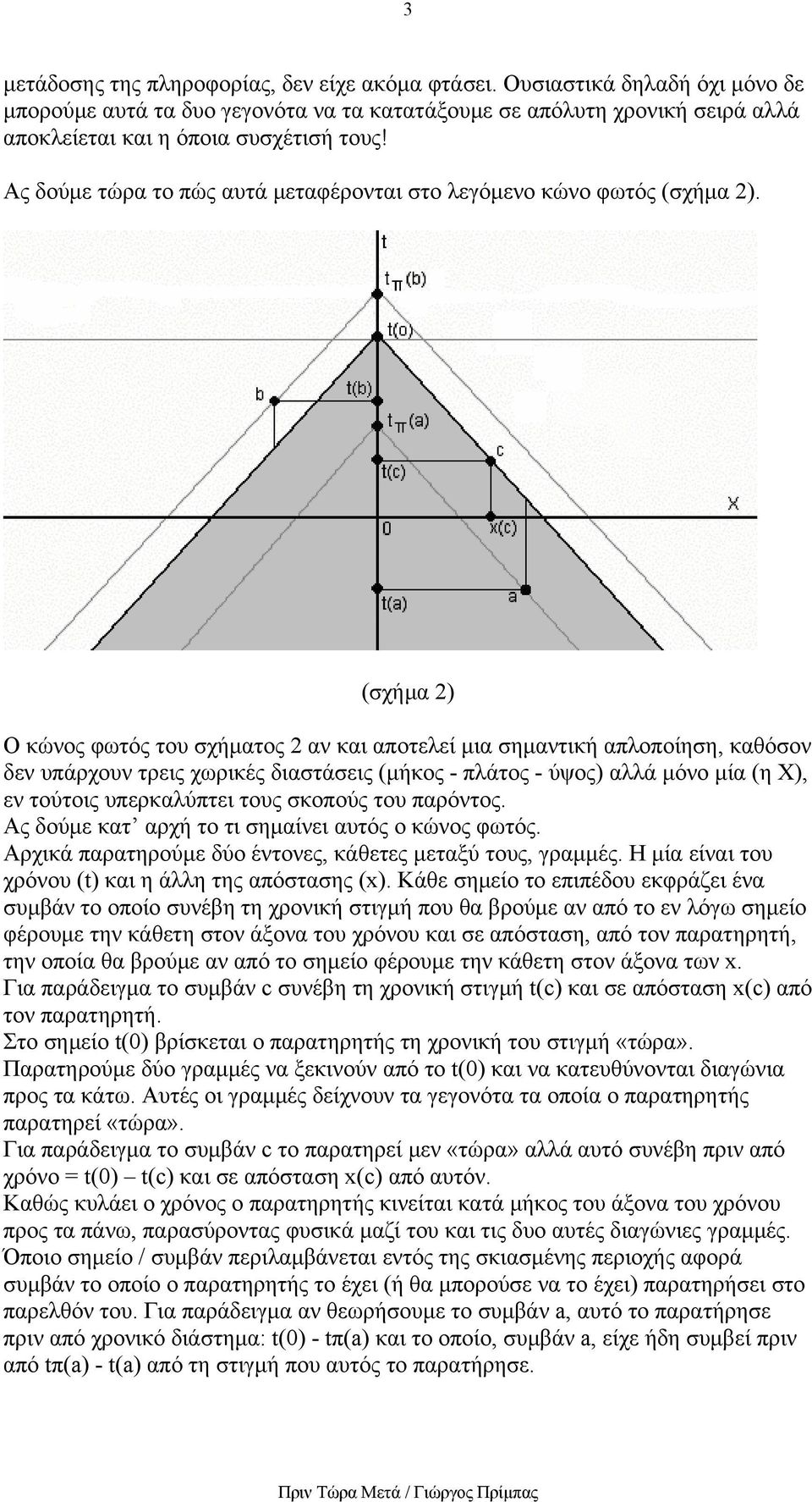 (σχήμα 2) Ο κώνος φωτός του σχήματος 2 αν και αποτελεί μια σημαντική απλοποίηση, καθόσον δεν υπάρχουν τρεις χωρικές διαστάσεις (μήκος - πλάτος - ύψος) αλλά μόνο μία (η X), εν τούτοις υπερκαλύπτει