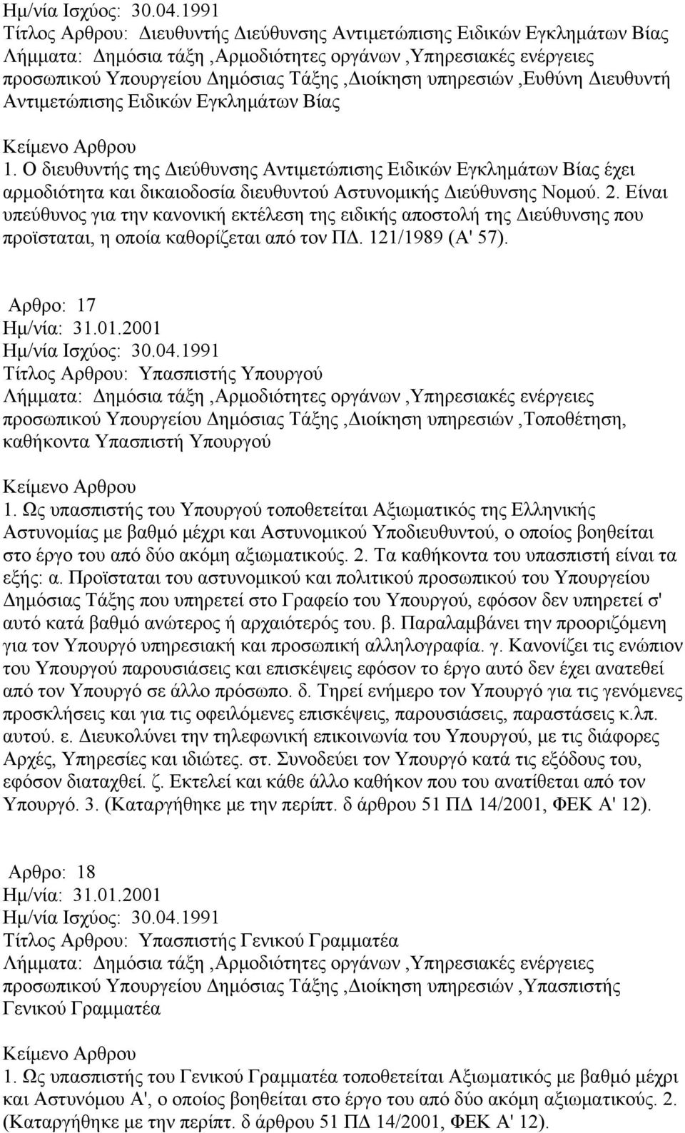Είναι υπεύθυνος για την κανονική εκτέλεση της ειδικής αποστολή της Διεύθυνσης που προϊσταται, η οποία καθορίζεται από τον ΠΔ. 121/1989 (Α' 57). Αρθρο: 17 Ημ/νία: 31.01.