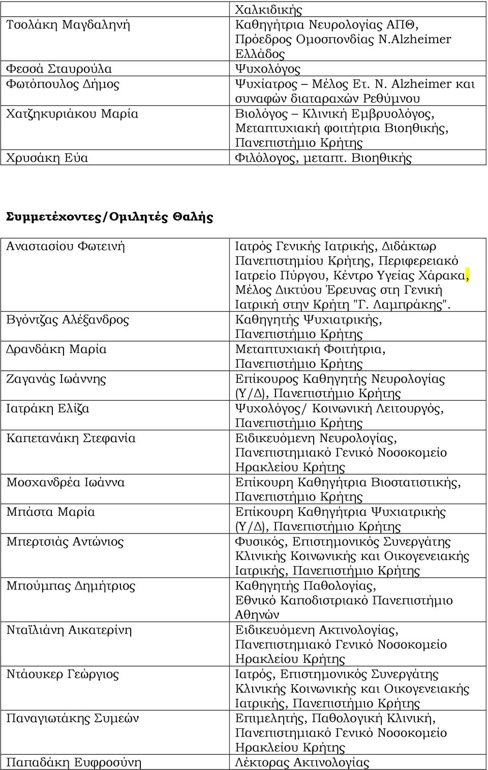 Βιοηθικής Συµµετέχοντες/Οµιλητές Θαλής Αναστασίου Φωτεινή Βγόντζας Αλέξανδρος ρανδάκη Μαρία Ζαγανάς Ιωάννης Ιατράκη Ελίζα Καπετανάκη Στεφανία Μοσχανδρέα Ιωάννα Μπάστα Μαρία Μπερτσιάς Αντώνιος