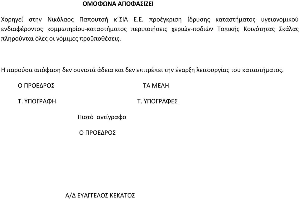 Ε. προέγκριση ίδρυσης καταστήματος υγειονομικού ενδιαφέροντος κομμωτηρίου-καταστήματος περιποιήσεις