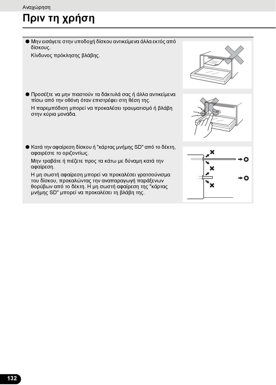 Η παρεμπόδιση μπορεί να προκαλέσει τραυματισμό ή βλάβη στην κύρια μονάδα. Κατά την αφαίρεση δίσκου ή "κάρτας μνήμης SD" από το δέκτη, αφαιρέστε το οριζοντίως.