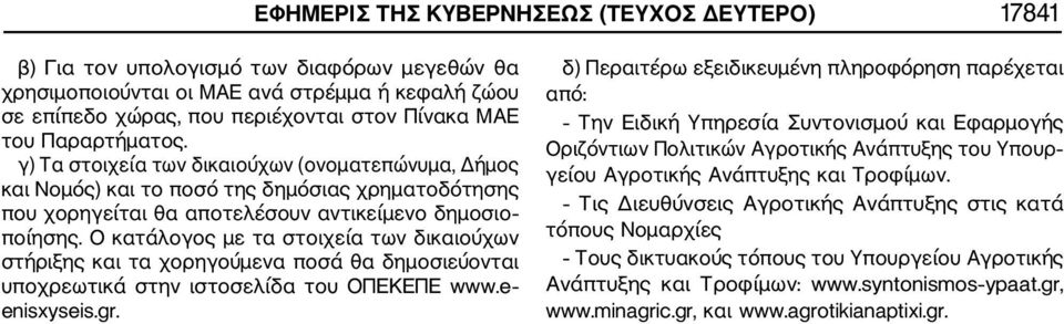 Ο κατάλογος με τα στοιχεία των δικαιούχων στήριξης και τα χορηγούμενα ποσά θα δημοσιεύονται υποχρεωτικά στην ιστοσελίδα του ΟΠΕΚΕΠΕ www.e enisxyseis.gr.