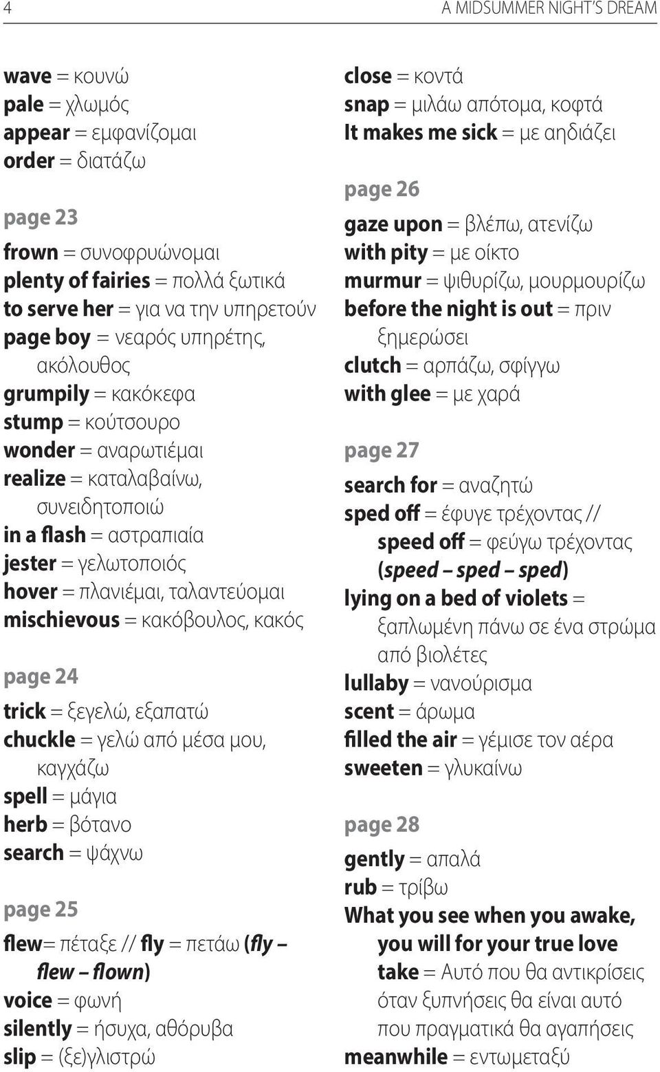 ταλαντεύομαι mischievous = κακόβουλος, κακός page 24 trick = ξεγελώ, εξαπατώ chuckle = γελώ από μέσα μου, καγχάζω spell = μάγια herb = βότανο search = ψάχνω page 25 flew= πέταξε // fly = πετάω (fly