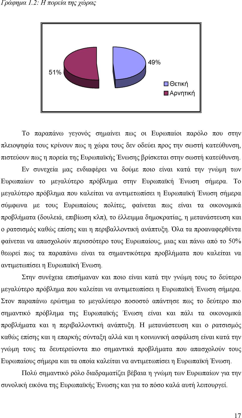 η πορεία της Ευρωπαϊκής Ένωσης βρίσκεται στην σωστή κατεύθυνση. Εν συνεχεία µας ενδιαφέρει να δούµε ποιο είναι κατά την γνώµη των Ευρωπαίων το µεγαλύτερο πρόβληµα στην Ευρωπαϊκή Ένωση σήµερα.