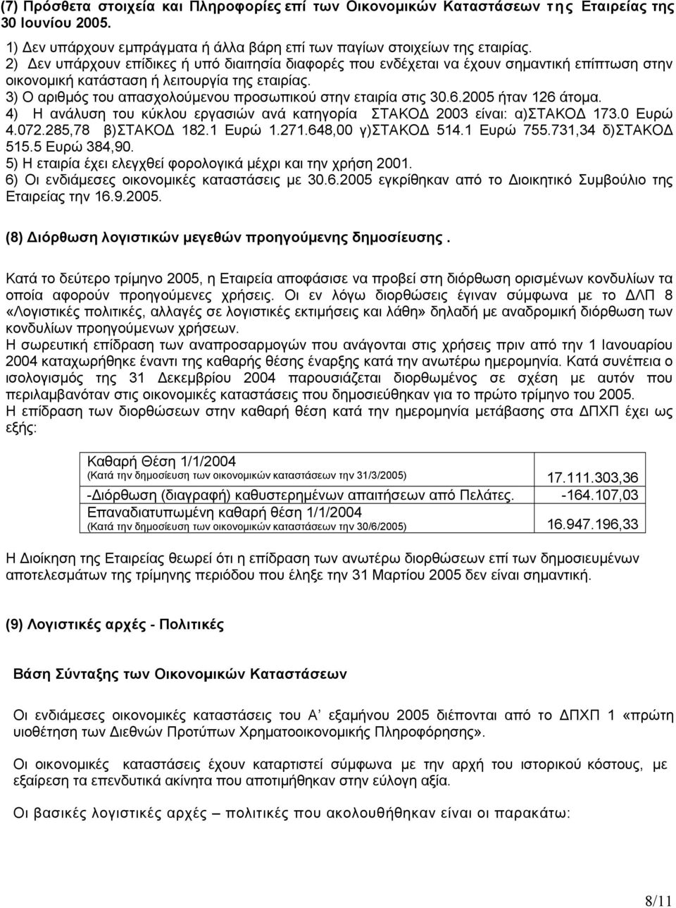 3) Ο αριθµός του απασχολούµενου προσωπικού στην εταιρία στις 30.6.2005 ήταν 126 άτοµα. 4) Η ανάλυση του κύκλου εργασιών ανά κατηγορία ΣΤΑΚΟ 2003 είναι: α)στακο 173.0 Ευρώ 4.072.285,78 β)στακο 182.