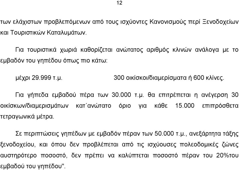 Για γήπεδα εμβαδού πέρα των 30.000 τ.μ. θα επιτρέπεται η ανέγερση 30 οικίσκων/διαμερισμάτων κατ ανώτατο όριο για κάθε 15.000 επιπρόσθετα τετραγωνικά μέτρα.