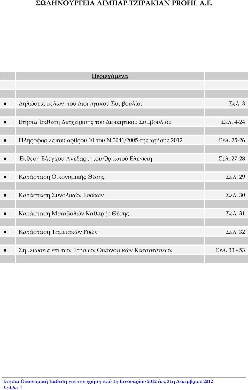 25-26 Έκθεση Ελέγχου Ανεξάρτητου Ορκωτού Ελεγκτή Σελ. 27-28 Κατάσταση Οικονομικής Θέσης Σελ. 29 Κατάσταση Συνολικών Εσόδων Σελ.
