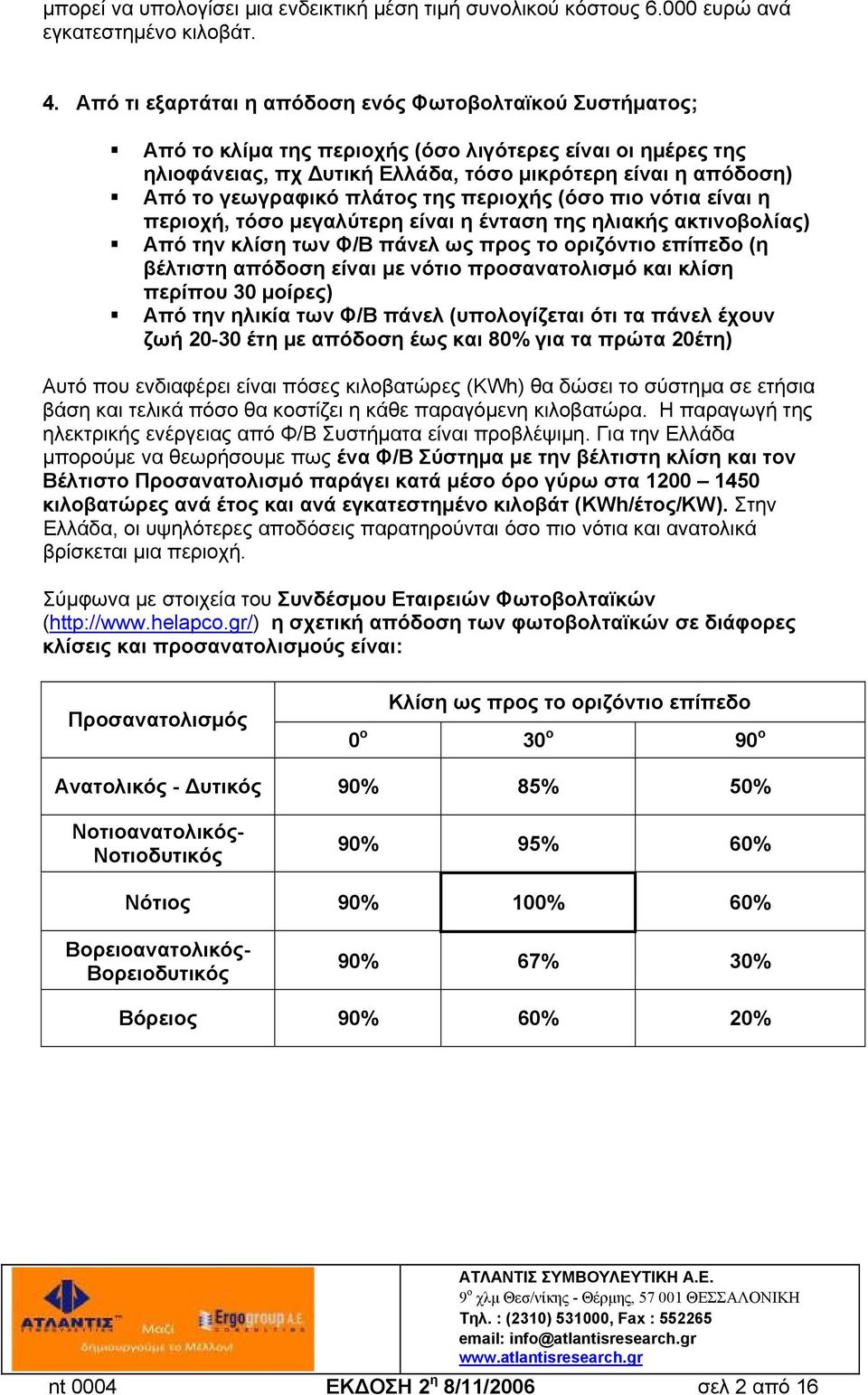 πλάτος της περιοχής (όσο πιο νότια είναι η περιοχή, τόσο μεγαλύτερη είναι η ένταση της ηλιακής ακτινοβολίας) Από την κλίση των Φ/Β πάνελ ως προς το οριζόντιο επίπεδο (η βέλτιστη απόδοση είναι με