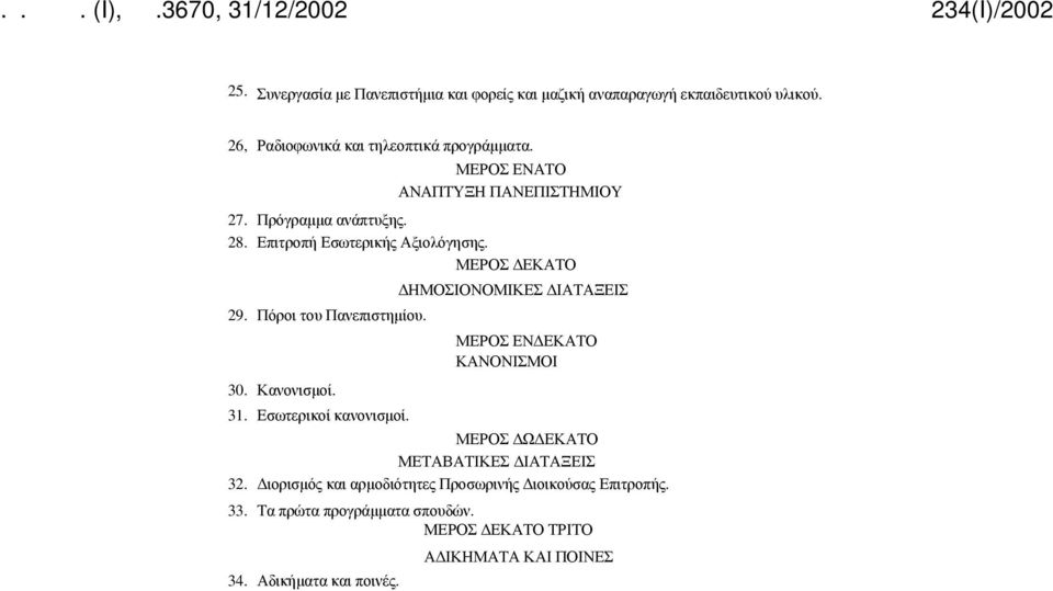 30. Κανονισμοί. 31. Εσωτερικοί κανονισμοί. ΔΗΜΟΣΙΟΝΟΜΙΚΕΣ ΔΙΑΤΑΞΕΙΣ ΜΕΡΟΣ ΕΝΔΕΚΑΤΟ ΚΑΝΟΝΙΣΜΟΙ ΜΕΡΟΣ ΔΩΔΕΚΑΤΟ ΜΕΤΑΒΑΤΙΚΕΣ ΔΙΑΤΑΞΕΙΣ 32.