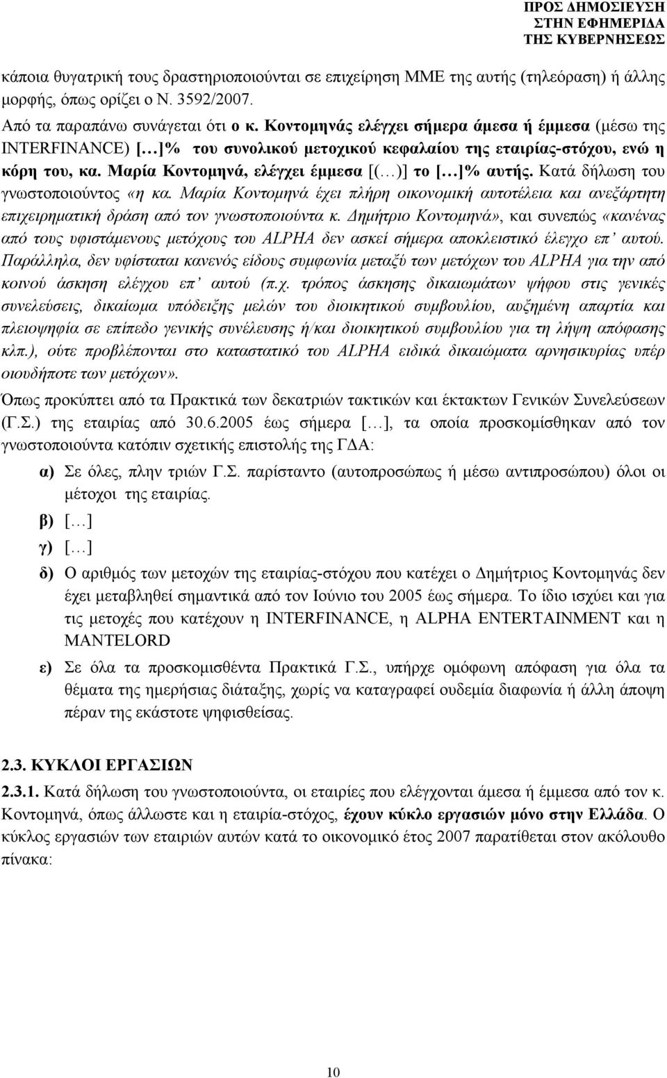 Κατά δήλωση του γνωστοποιούντος «η κα. Μαρία Κοντομηνά έχει πλήρη οικονομική αυτοτέλεια και ανεξάρτητη επιχειρηματική δράση από τον γνωστοποιούντα κ.