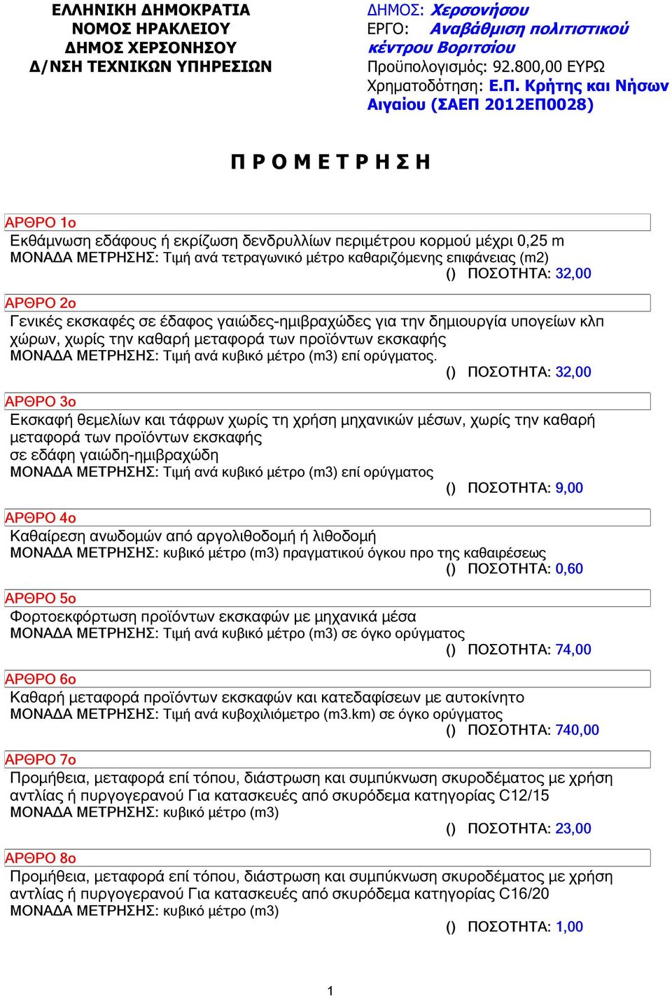 οϋπολογισµός: 92.800,00 ΕΥΡΩ Χρηµατοδότηση: Ε.Π.