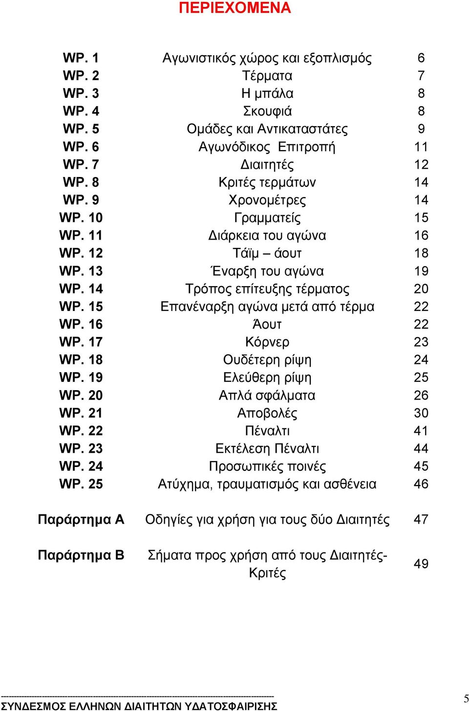 15 Επανέναρξη αγώνα μετά από τέρμα 22 WP. 16 Άουτ 22 WP. 17 Κόρνερ 23 WP. 18 Ουδέτερη ρίψη 24 WP. 19 Ελεύθερη ρίψη 25 WP. 20 Απλά σφάλματα 26 WP. 21 Αποβολές 30 WP. 22 Πέναλτι 41 WP.