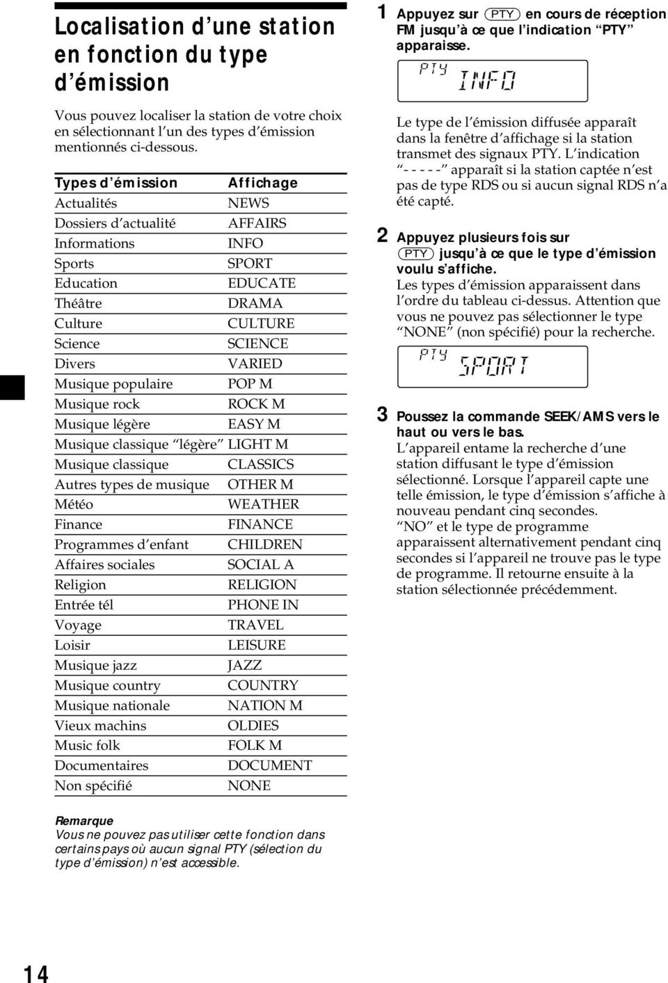 POP M Musique rock ROCK M Musique légère EASY M Musique classique légère LIGHT M Musique classique CLASSICS Autres types de musique OTHER M Météo WEATHER Finance FINANCE Programmes d enfant CHILDREN