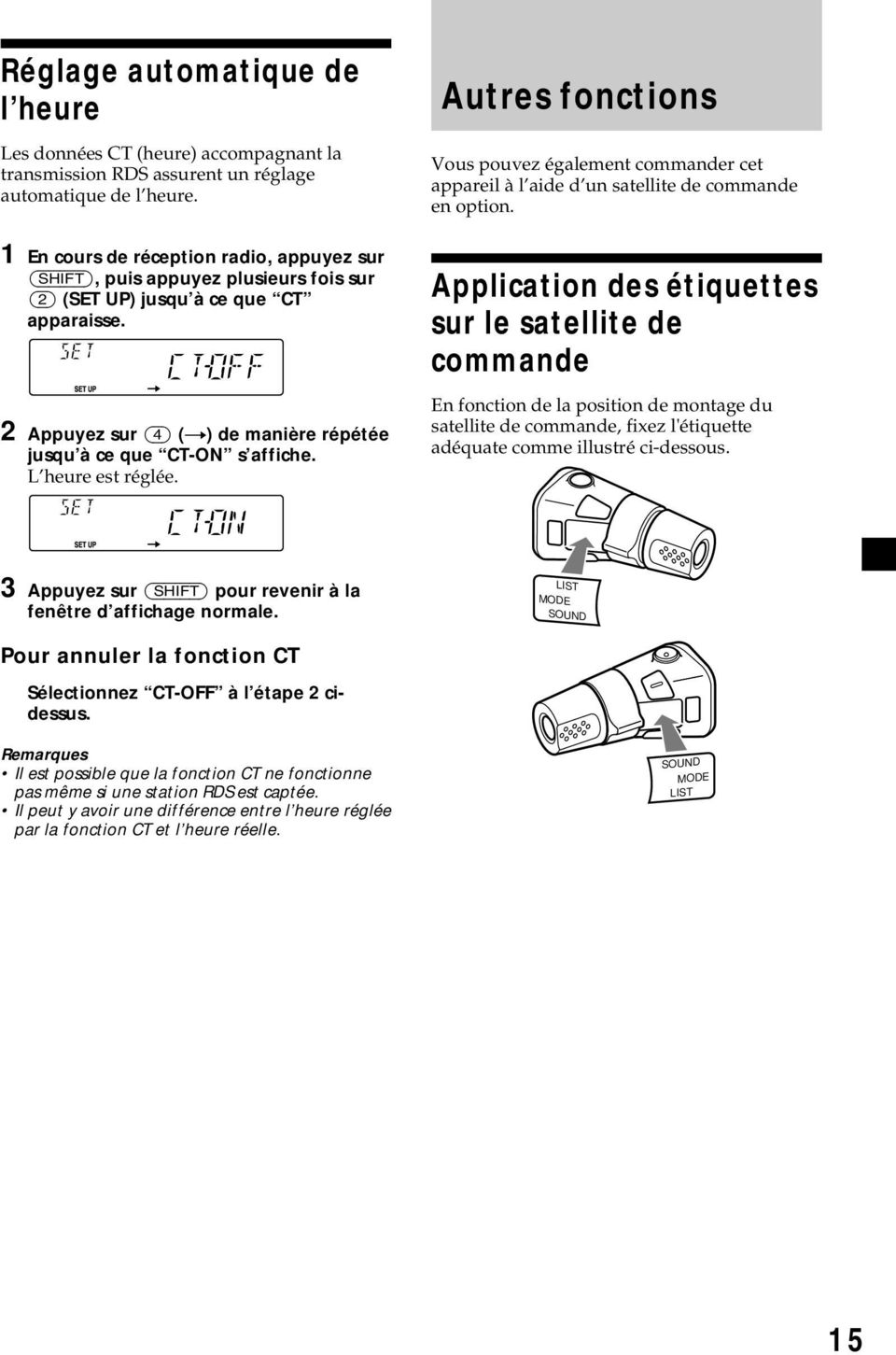 L heure est réglée. Autres fonctions Vous pouvez également commander cet appareil à l aide d un satellite de commande en option.