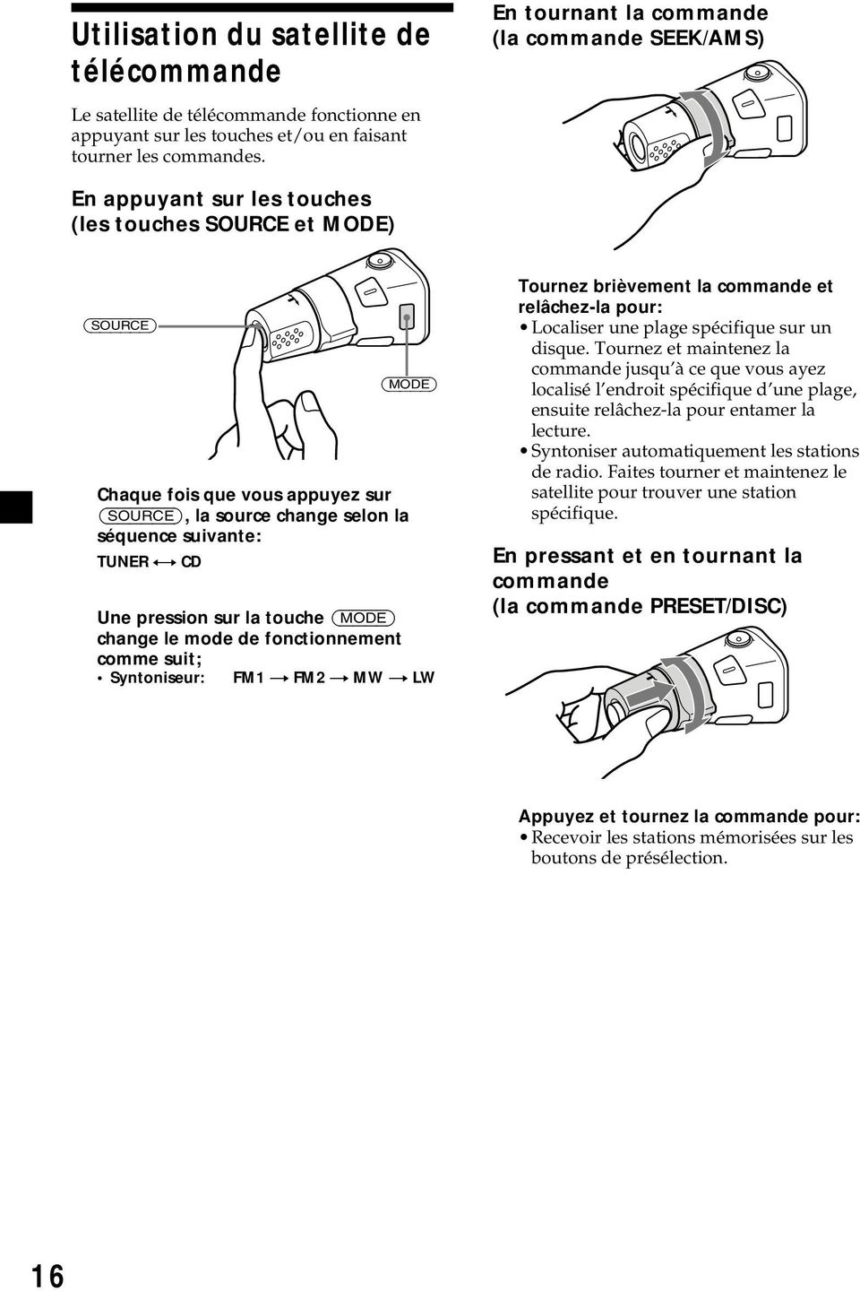 suivante: TUNER CD Une pression sur la touche (MODE) change le mode de fonctionnement comme suit; Syntoniseur: FM1 n FM2 n MW n LW Tournez brièvement la commande et relâchez-la pour: Localiser une