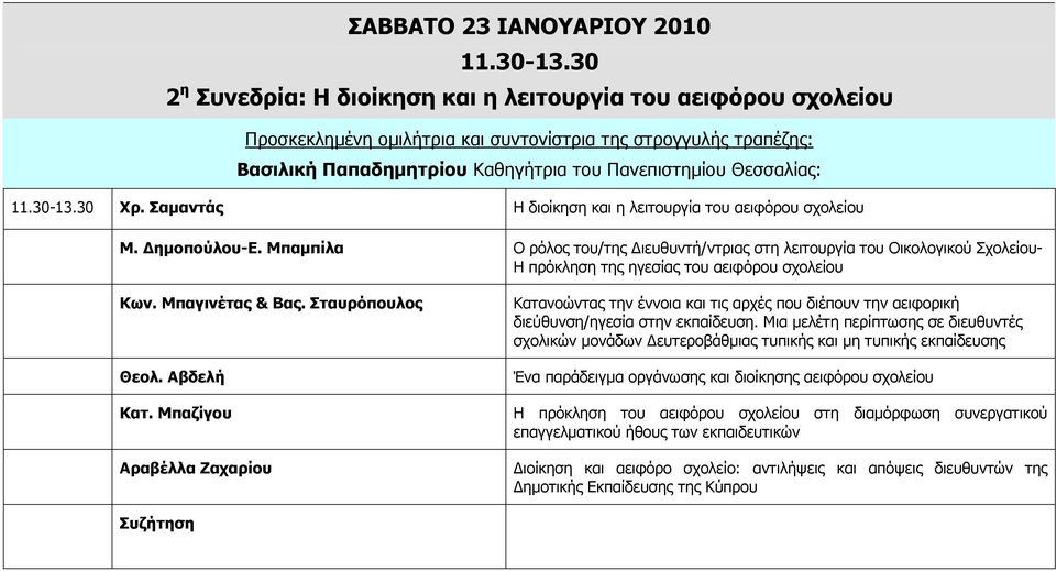30-13.30 Χρ. Σαµαντάς Η διοίκηση και η λειτουργία του αειφόρου σχολείου Μ. ηµοπούλου-ε.