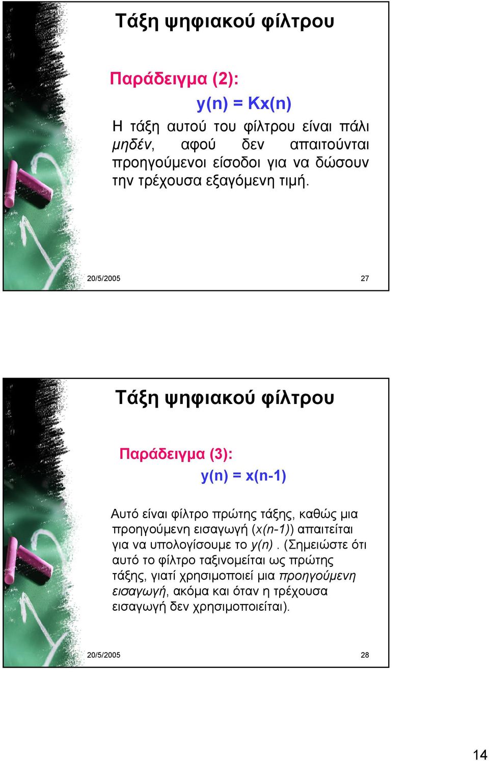 20/5/2005 27 Τάξη ψηφιακού φίλτρου Παράδειγμα (3): y(n) = x(n-1) Αυτό είναι φίλτρο πρώτης τάξης, καθώς μια προηγούμενη εισαγωγή