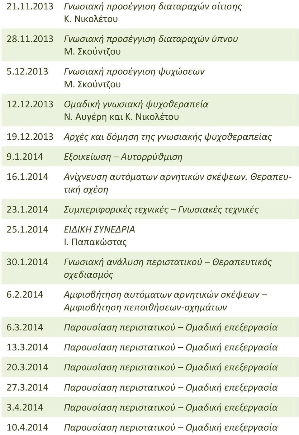 1.2014 ΕΙΔΙΚΗ ΣΥΝΕΔΡΙΑ Ι. Παπακώστας 30.1.2014 Γνωσιακή ανάλυση περιστατικού Θεραπευτικός σχεδιασμός 6.2.2014 Αμφισβήτηση αυτόματων αρνητικών σκέψεων Αμφισβήτηση πεποιθήσεων-σχημάτων 6.3.2014 Παρουσίαση περιστατικού Ομαδική επεξεργασία 13.
