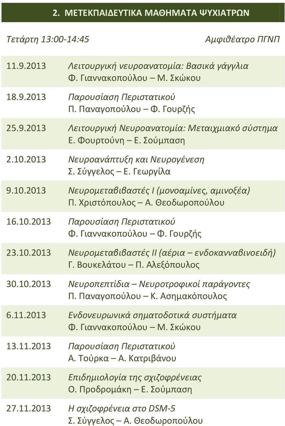 Χριστόπουλος Α. Θεοδωροπούλου 16.10.2013 Παρουσίαση Περιστατικού Φ. Γιαννακοπούλου Φ. Γουρζής 23.10.2013 Νευρομεταβιβαστές ΙΙ (αέρια ενδοκανναβινοειδή) Γ. Βουκελάτου Π. Αλεξόπουλος 30.10.2013 Νευροπεπτίδια Νευροτροφικοί παράγοντες Π.