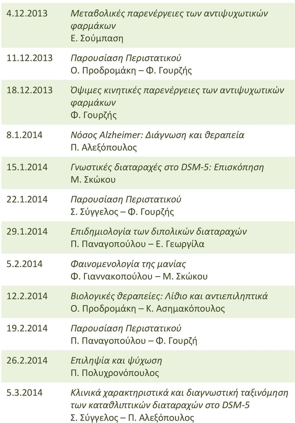 Παναγοπούλου Ε. Γεωργίλα 5.2.2014 Φαινομενολογία της μανίας Φ. Γιαννακοπούλου Μ. Σκώκου 12.2.2014 Βιολογικές θεραπείες: Λίθιο και αντιεπιληπτικά Ο. Προδρομάκη Κ. Ασημακόπουλος 19.2.2014 Παρουσίαση Περιστατικού Π.