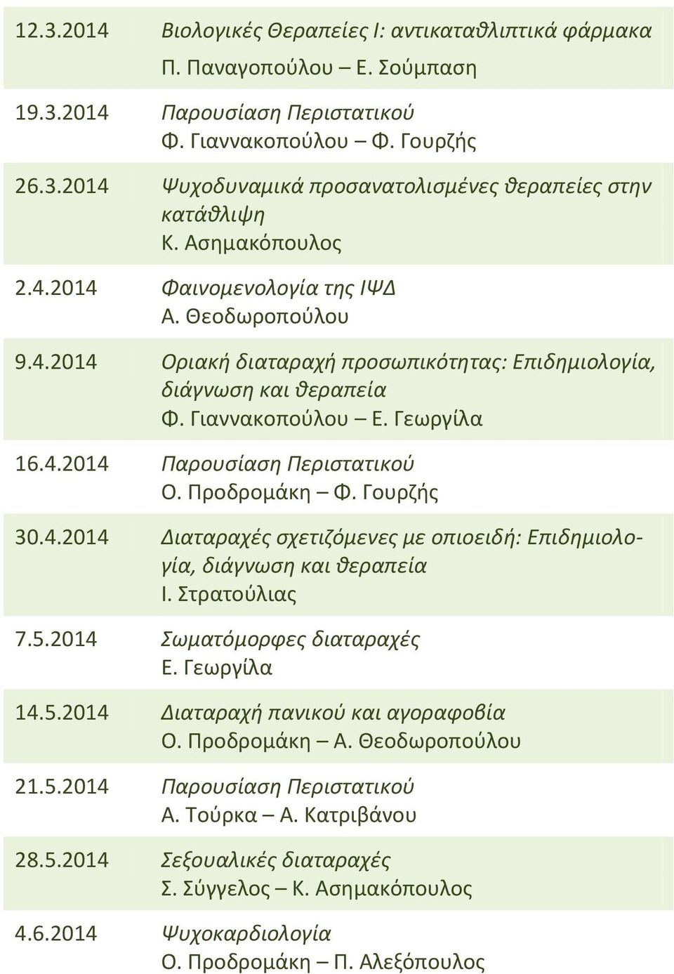 Προδρομάκη Φ. Γουρζής 30.4.2014 Διαταραχές σχετιζόμενες με οπιοειδή: Eπιδημιολογία, διάγνωση και θεραπεία Ι. Στρατούλιας 7.5.2014 Σωματόμορφες διαταραχές E. Γεωργίλα 14.5.2014 Διαταραχή πανικού και αγοραφοβία Ο.