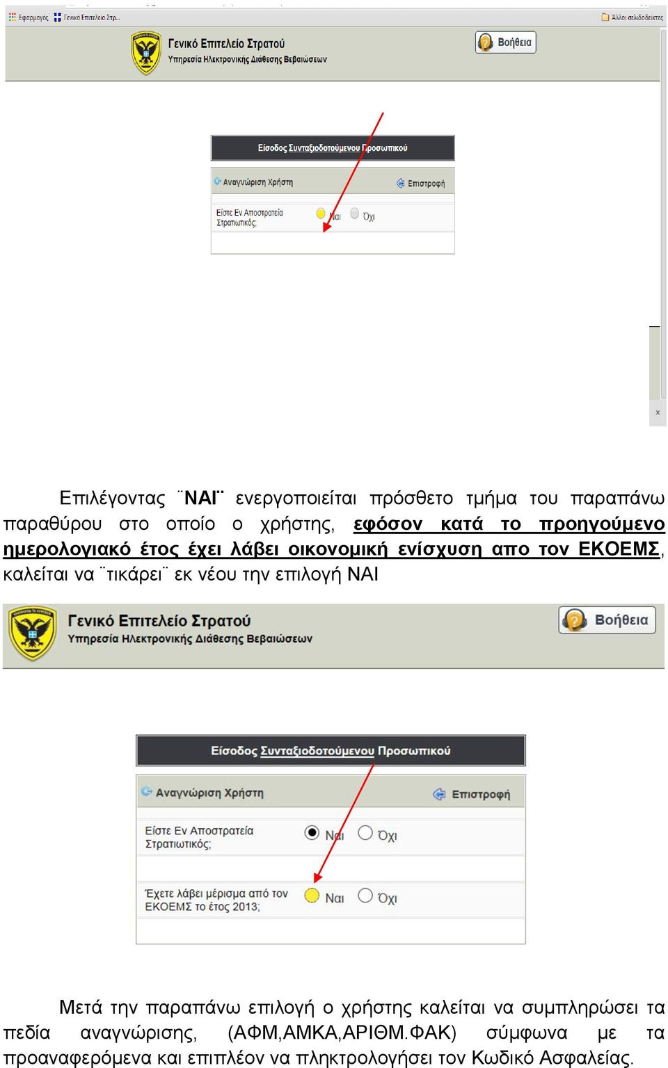 νέου την επιλογή ΝΑΙ Μετά την παραπάνω επιλογή ο χρήστης καλείται να συμπληρώσει τα πεδία αναγνώρισης,