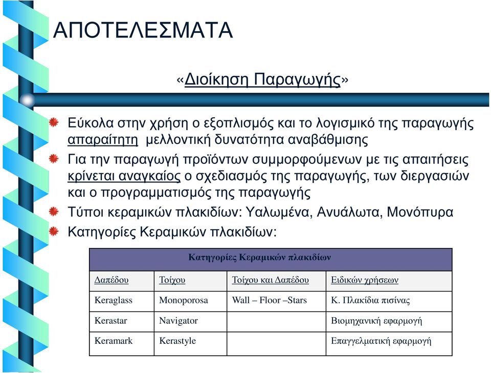 Τύποι κεραµικών πλακιδίων: Υαλωµένα, Ανυάλωτα, Μονόπυρα Κατηγορίες Κεραµικών πλακιδίων: Κατηγορίες Κεραµικών πλακιδίων απέδου Τοίχου Τοίχου και απέδου