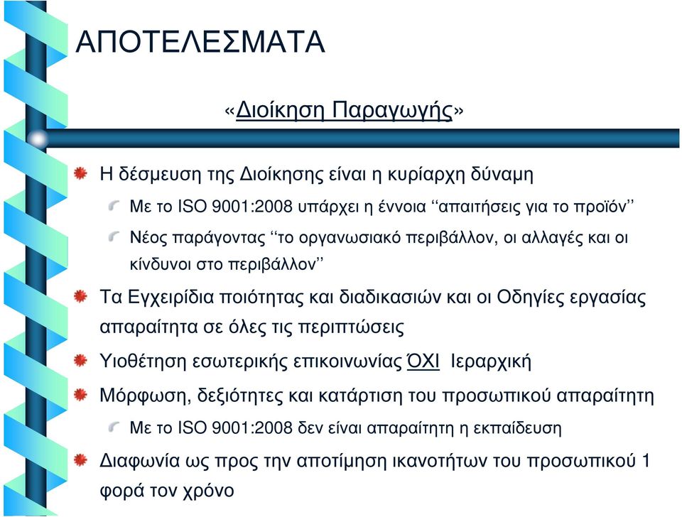 Οδηγίες εργασίας απαραίτητα σε όλες τις περιπτώσεις Υιοθέτηση εσωτερικής επικοινωνίας ΌΧΙ Ιεραρχική Μόρφωση, δεξιότητες και κατάρτιση του