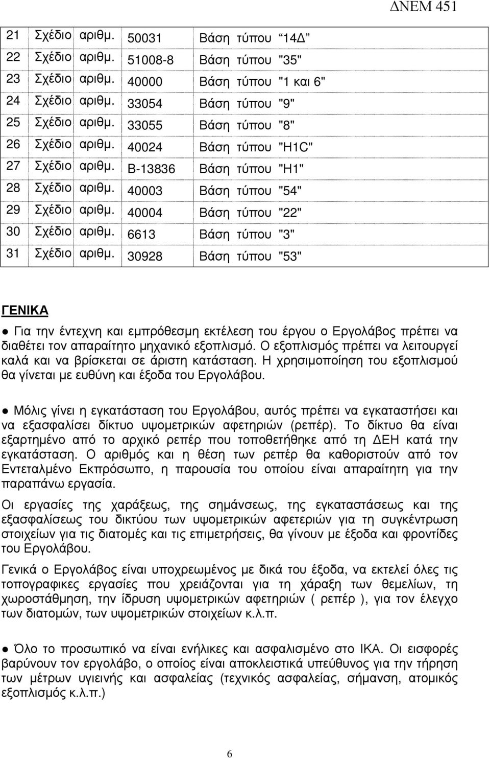 6613 Βάση τύπου "3" 31 Σχέδιο αριθµ. 30928 Βάση τύπου "53" ΓΕΝΙΚΑ Για την έντεχνη και εµπρόθεσµη εκτέλεση του έργου ο Εργολάβος πρέπει να διαθέτει τον απαραίτητο µηχανικό εξοπλισµό.