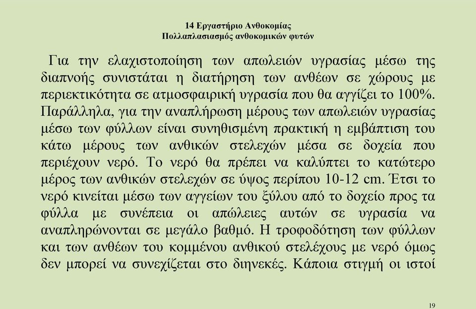 Το νερό θα πρέπει να καλύπτει το κατώτερο μέρος των ανθικών στελεχών σε ύψος περίπου 10-12 cm.