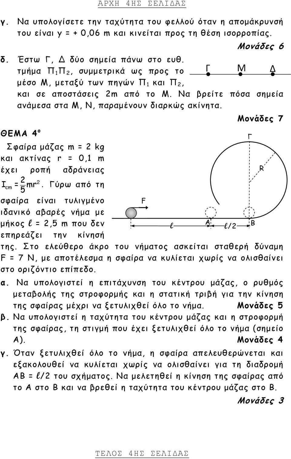 Μονάδες 7 ΘΕΜΑ 4 ο Γ Σφαίρα μάζας m = 2 kg και ακτίνας r = 0, m έχει ροπή αδράνειας R 2 I cm = mr.