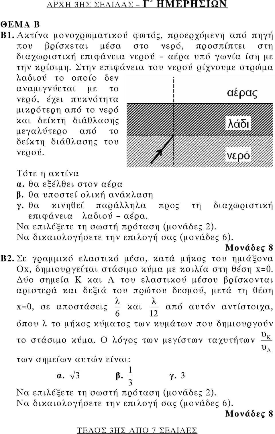 Τότε η ακτίνα α. θα εξέλθει στον αέρα β. θα υποστεί ολική ανάκλαση γ. θα κινηθεί παράλληλα προς τη διαχωριστική επιφάνεια λαδιού αέρα. Να επιλέξετε τη σωστή πρόταση (μονάδες ).