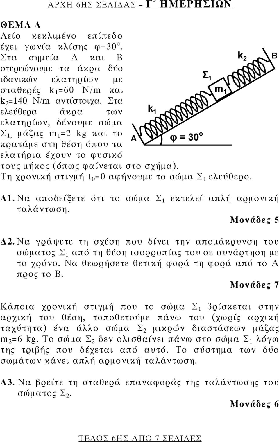 Στα ελεύθερα άκρα των k 1 ελατηρίων, δένουμε σώμα Σ 1, μάζας m 1 = kg και το κρατάμε στη θέση όπου τα ελατήρια έχουν το φυσικό Α φ = 30 ο τους μήκος (όπως φαίνεται στο σχήμα).